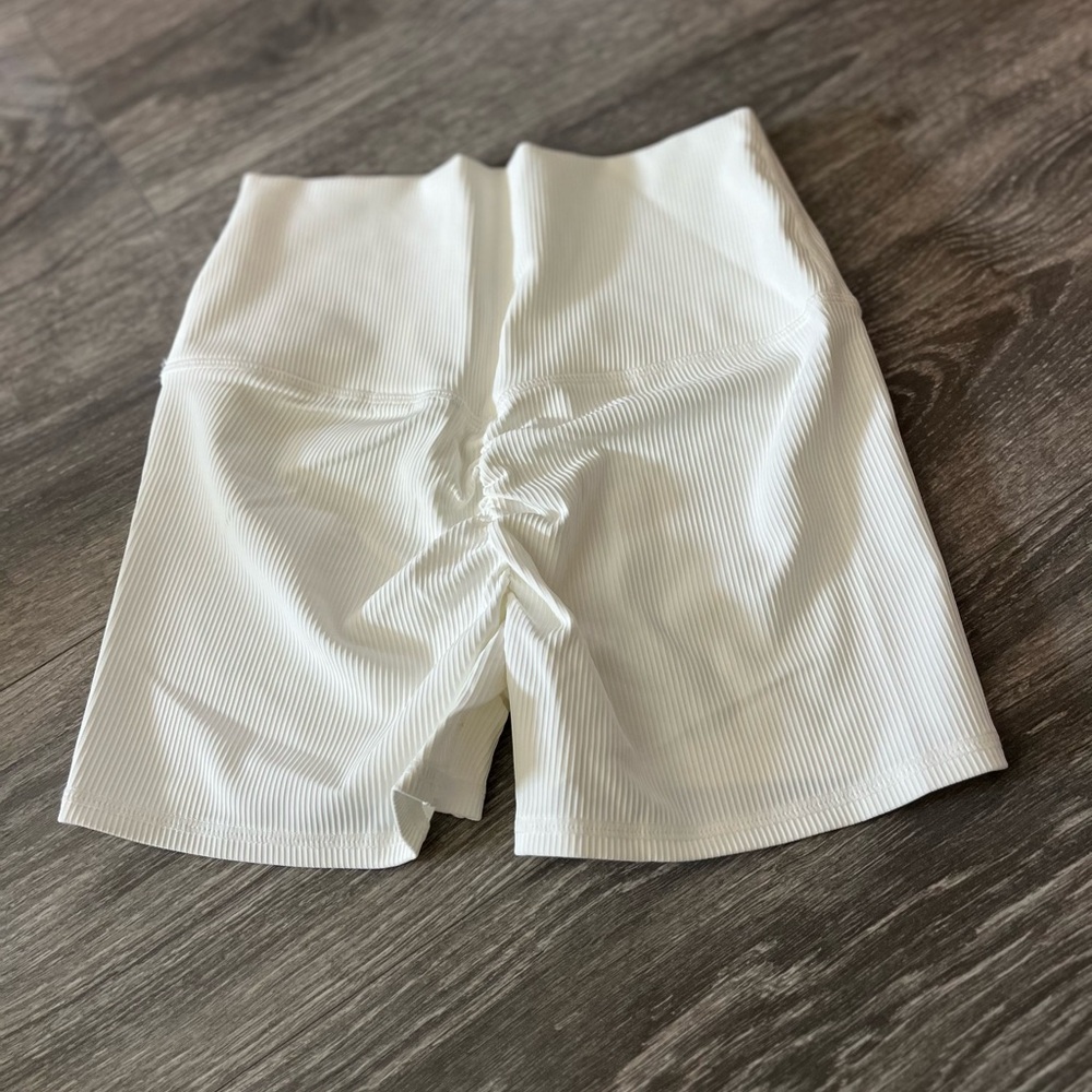 White High-Waisted Bike Shorts with Ruching